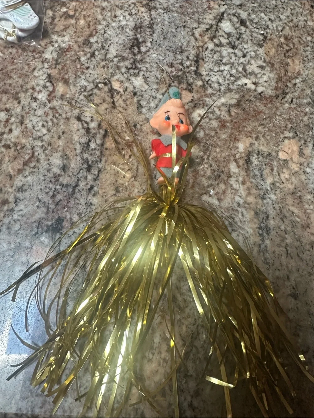 Vintage Elf Holiday Tinsel Ornament in Red, Gray, Gold